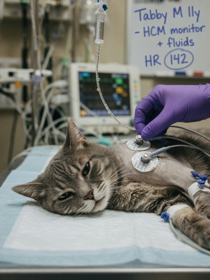 Veterinarian placing cardiac monitoring electrodes on a blocked male cat receiving emergency IV fluid treatment