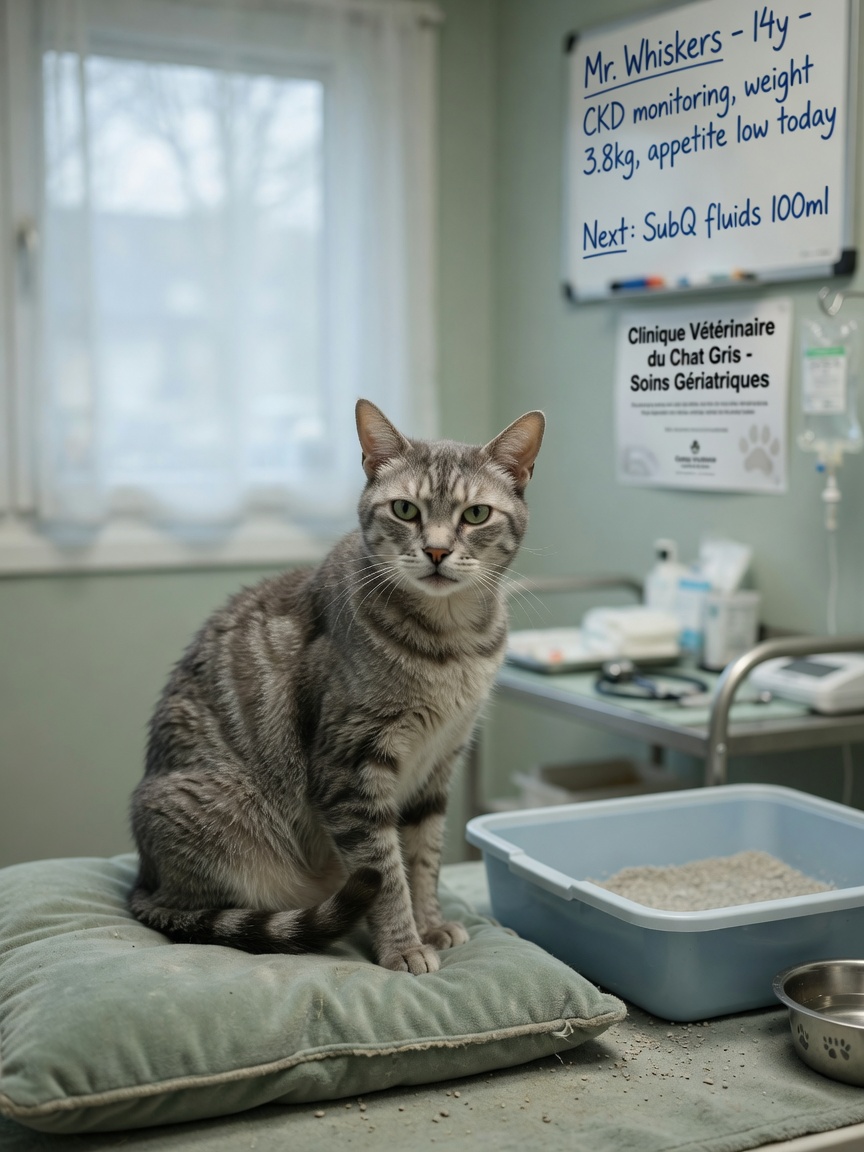 Senior male cat near litter tray showing signs of urinary discomfort