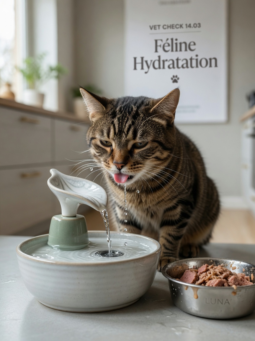 Cat drinking from a water fountain to increase water intake