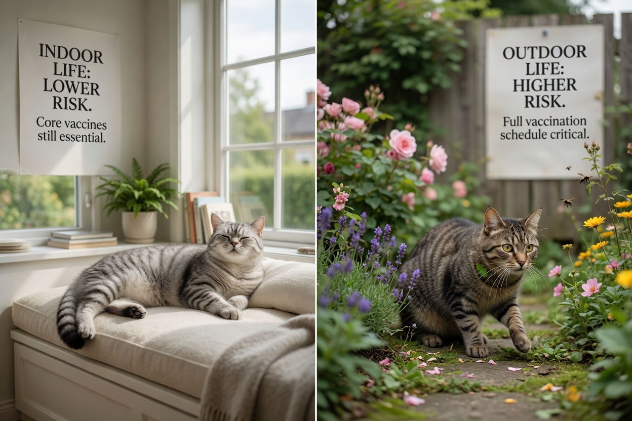 Comparison of indoor cat in home versus outdoor cat in garden showing different vaccination risk environments