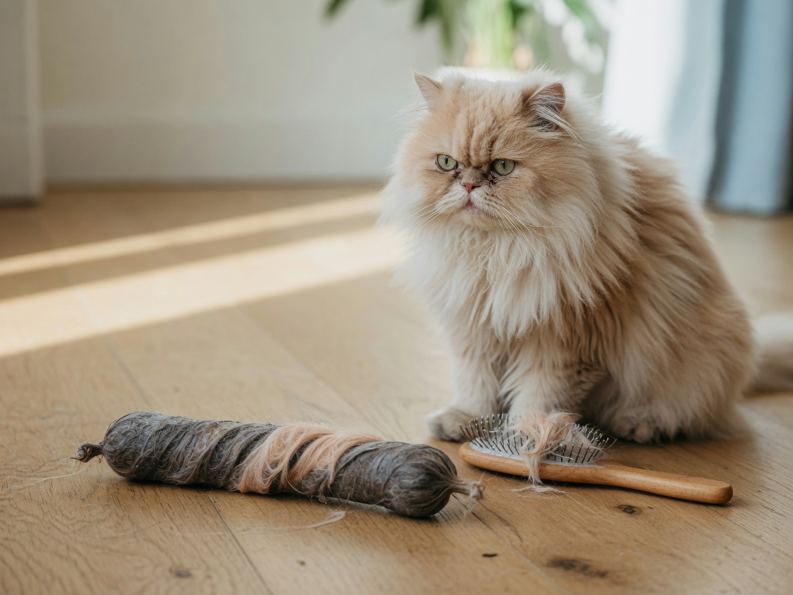 Long-haired Persian cat with hairball regurgitated on wooden floor, grooming brush nearby