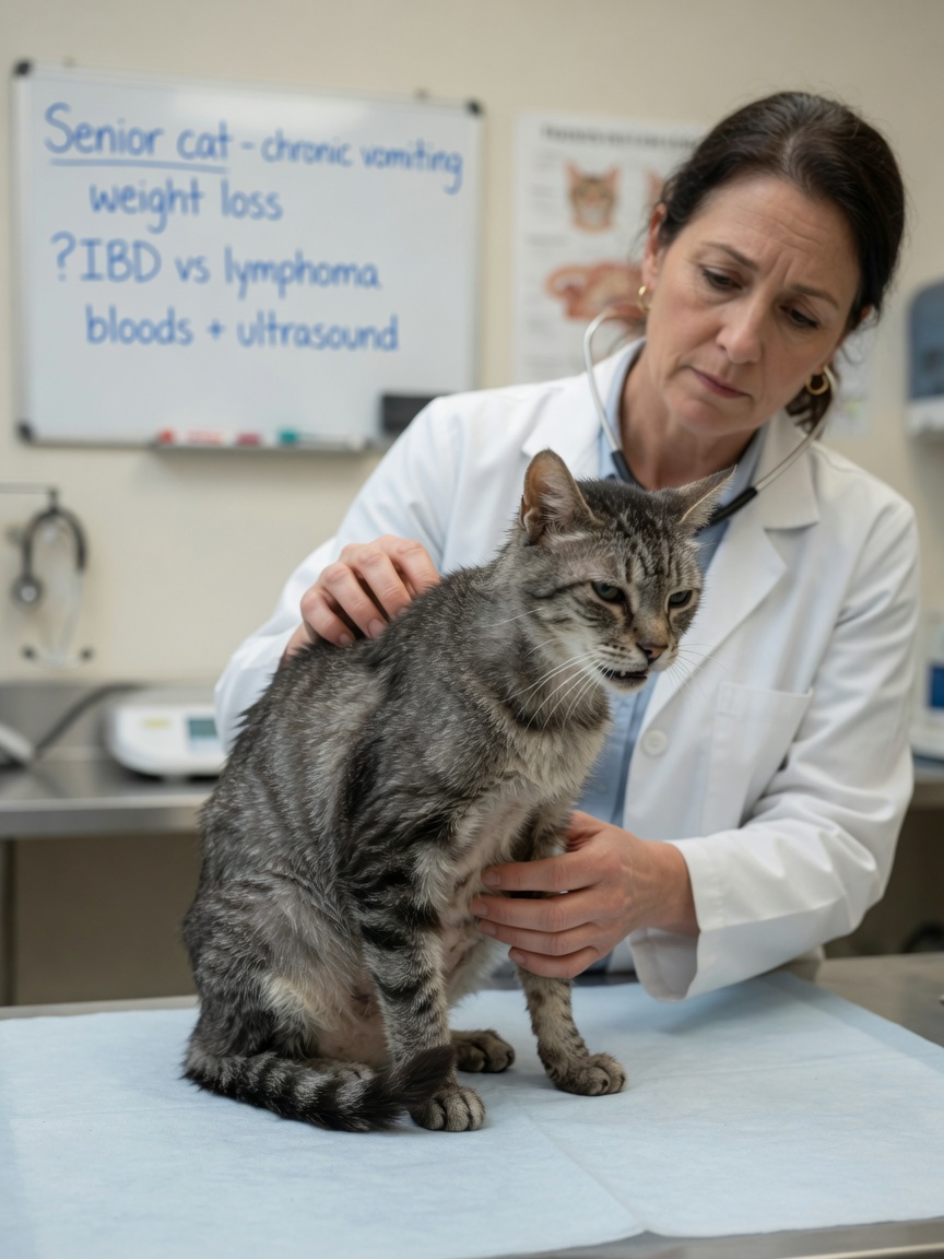 Elderly grey tabby cat being examined by veterinarian on examination table for chronic vomiting investigation