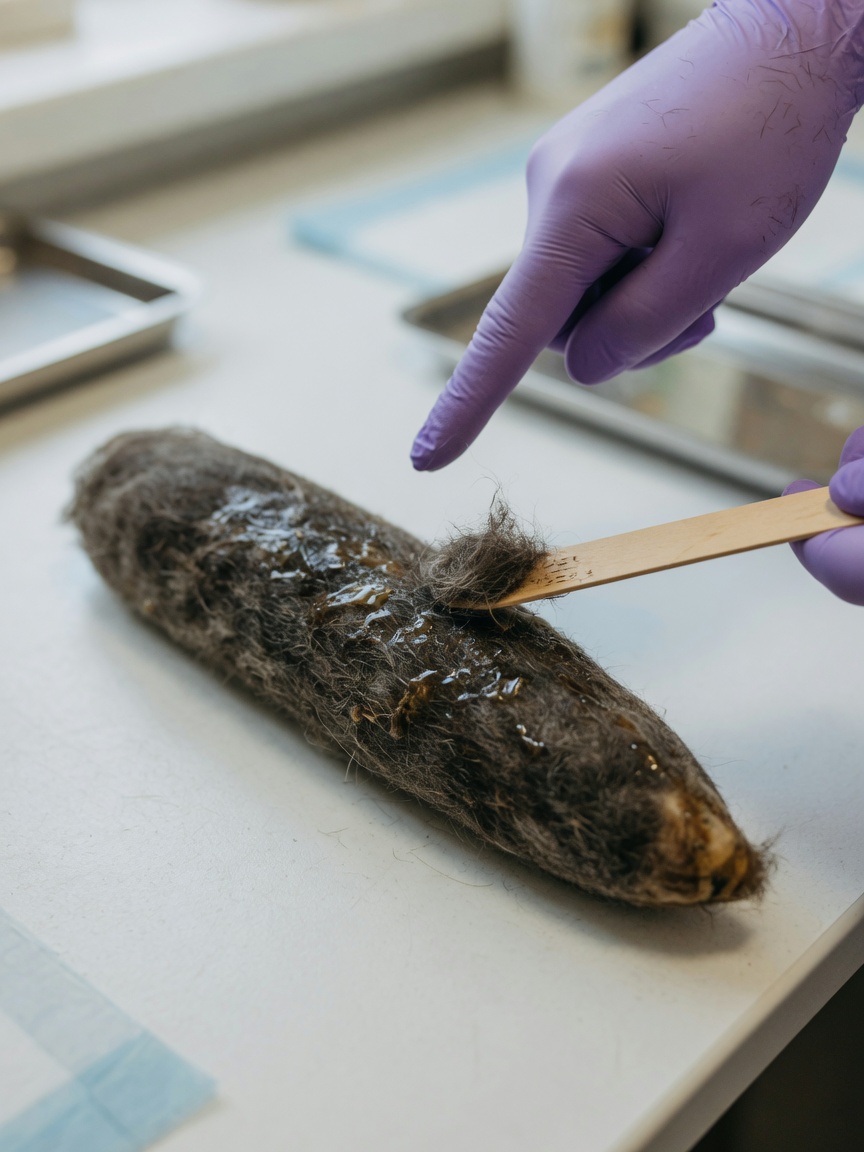 Close-up of a dark elongated hairball on a veterinary examination table with a gloved hand examining it