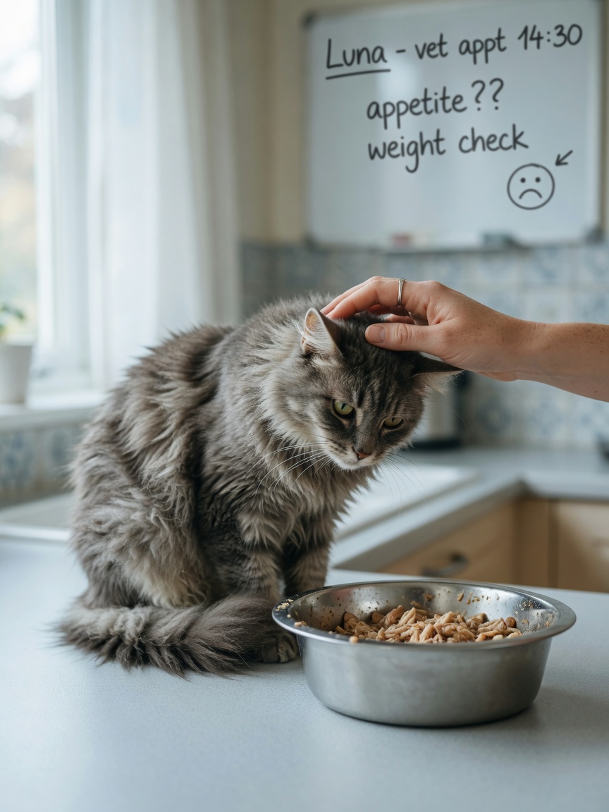 Lethargic long-haired cat beside food bowl with dull coat, showing signs of illness while owner's hand gently touches its head