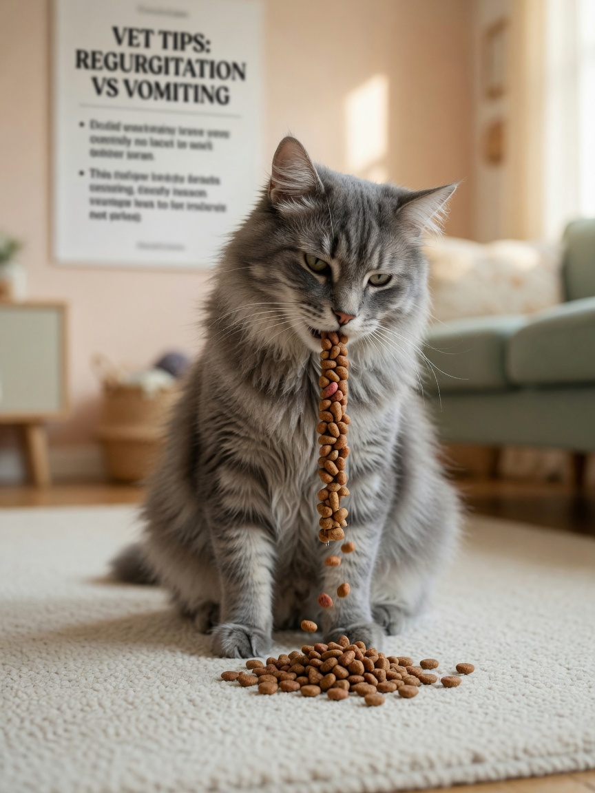 Long-haired gray cat passively regurgitating undigested kibble with relaxed posture, no retching effort visible, food maintaining tubular shape on carpet below