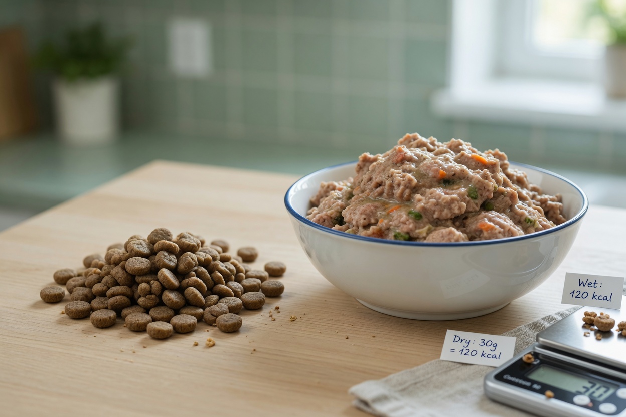 Visual comparison of dry kibble versus wet cat food showing equal calorie portions