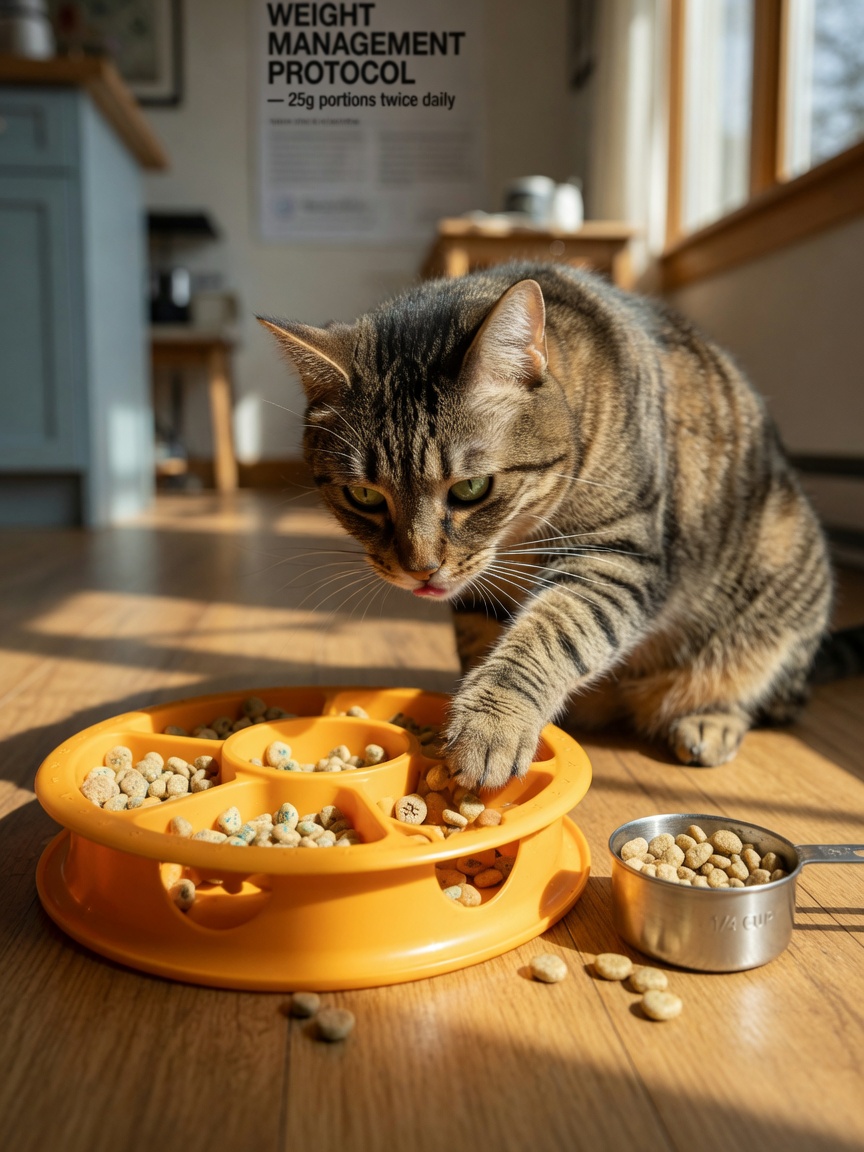 Cat using puzzle feeder for measured portion control during weight management diet