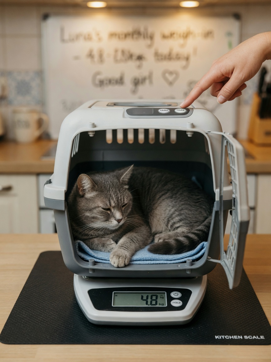 Cat in carrier on kitchen scale for home weighing