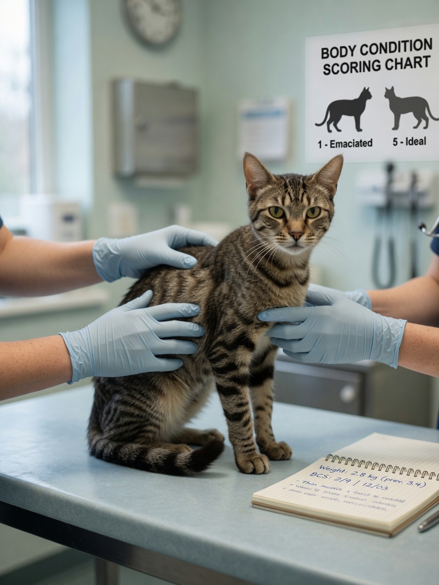 Veterinarian assessing body condition of underweight cat during examination