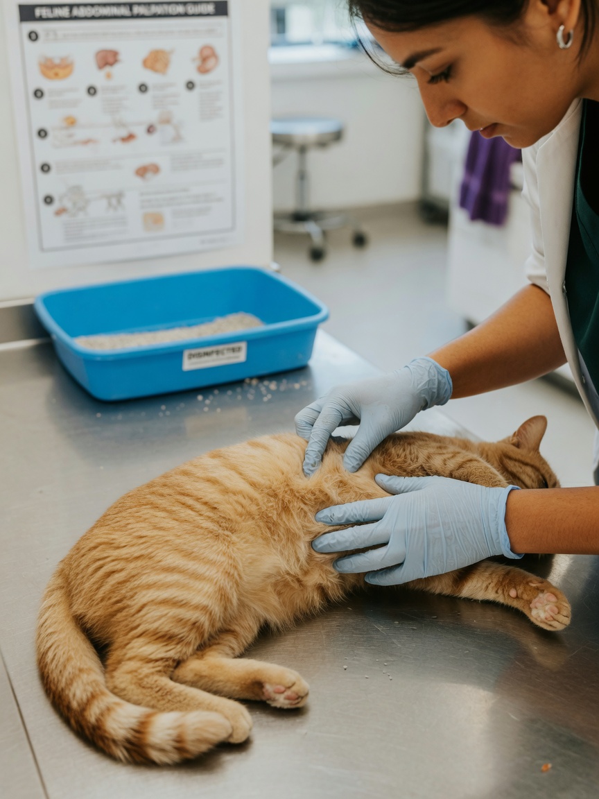 Veterinarian examining a cat's abdomen during urinary health assessment