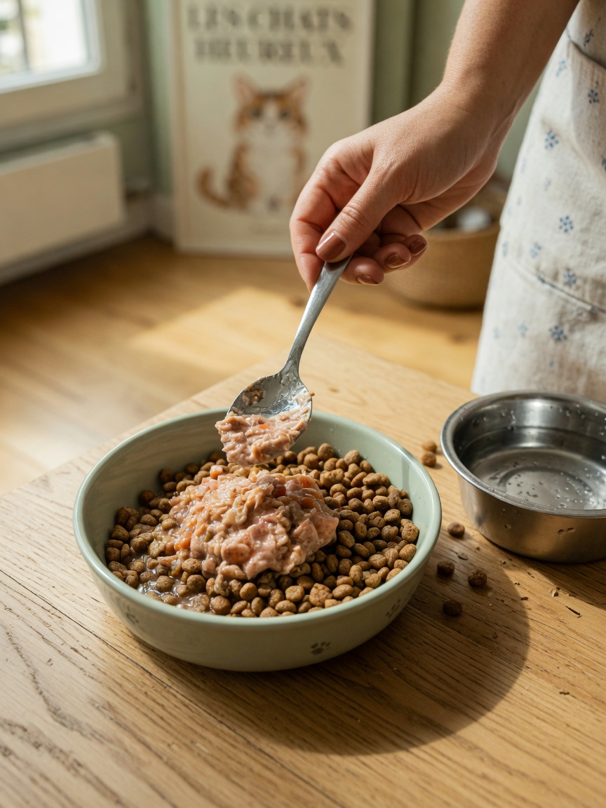 Mixed dry kibble and wet food in a cat's bowl during dietary transition