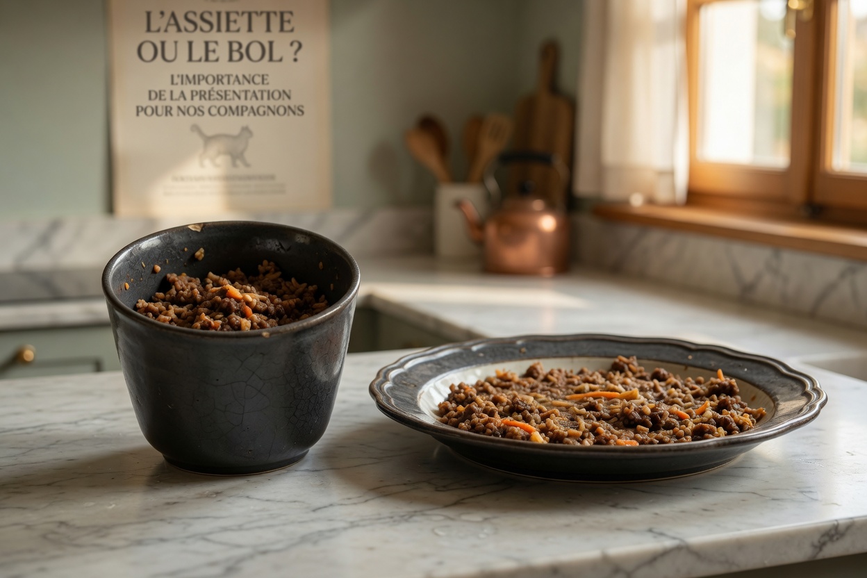 Comparison of a deep narrow food bowl beside a wide shallow plate with cat food
