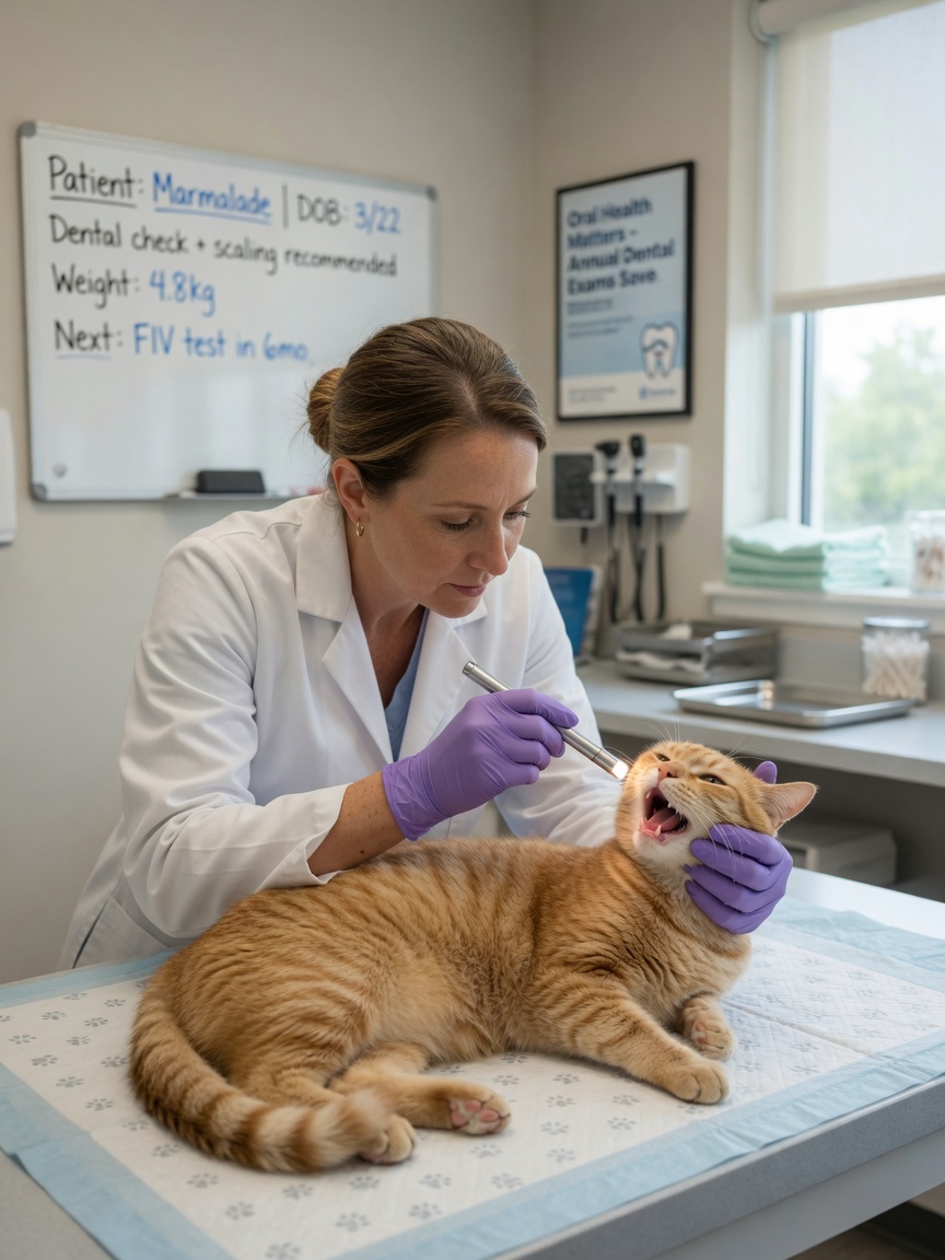 Veterinarian examining a ginger cat's mouth and teeth during a dental check