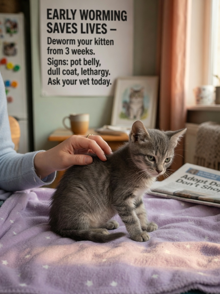 Young kitten with distended belly showing signs of worm infestation, with owner's caring hand nearby