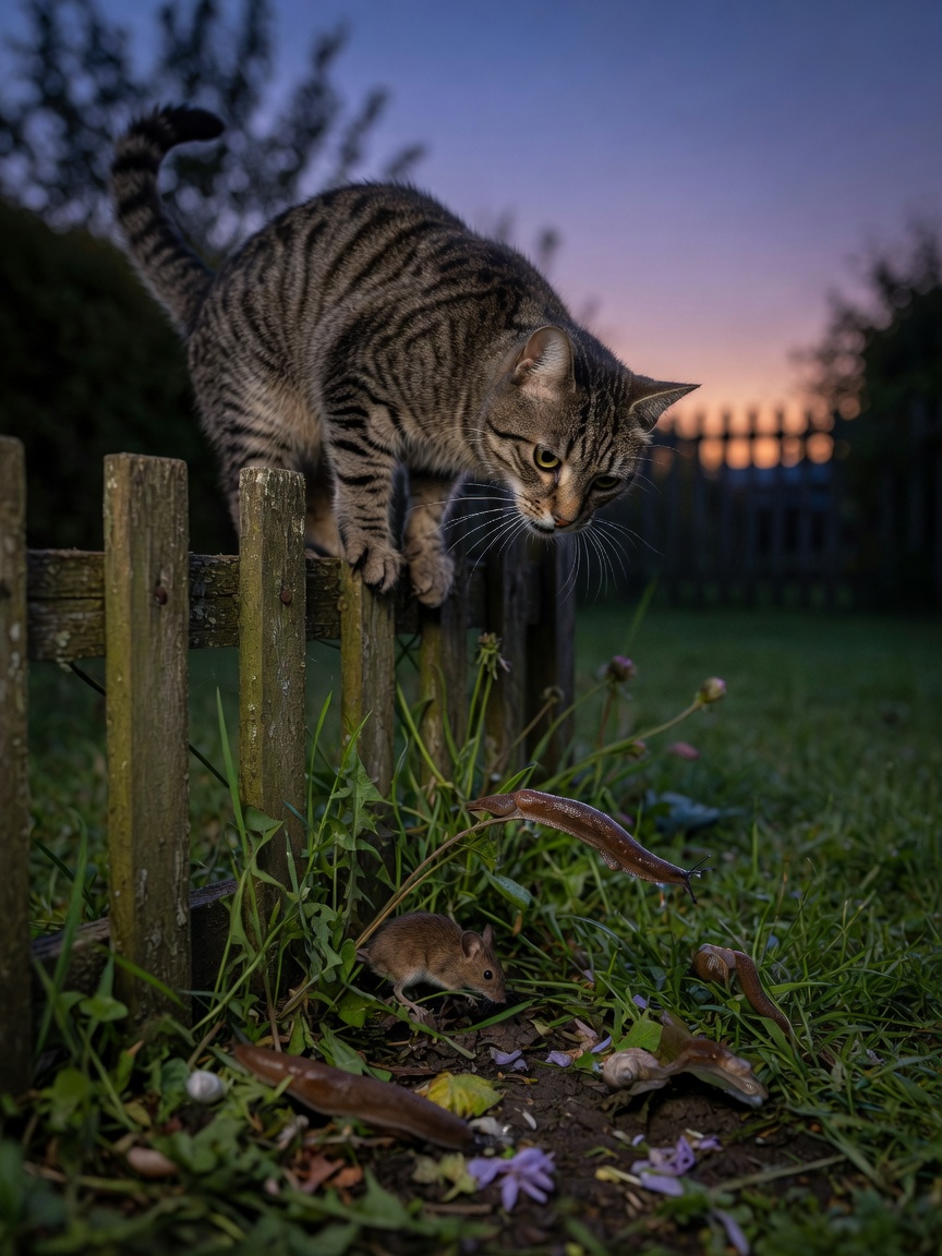 Outdoor hunting cat poised on garden fence overlooking prey in grass, demonstrating parasite exposure risk