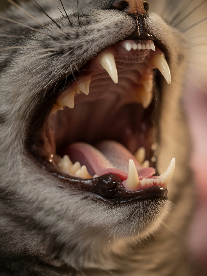 Close-up of a tabby cat's open mouth showing sharp needle-like canine teeth