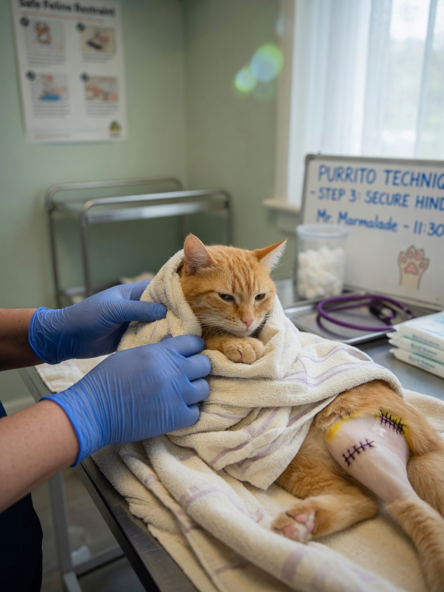 Veterinarian wrapping a calm orange tabby cat in a soft towel using the purrito technique for safe wound examination