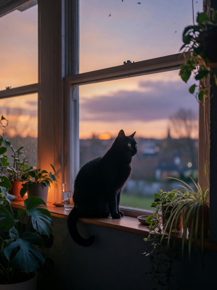 A cat silhouetted in a window during twilight, embodying its natural crepuscular hunting instinct