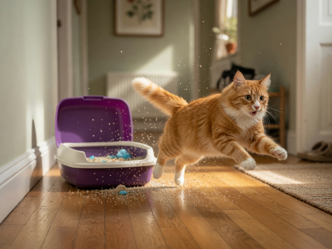 A cat racing away from a litter box in full-speed motion, demonstrating post-poop zoomies behavior