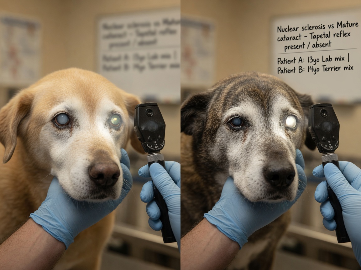 Side-by-side comparison of nuclear sclerosis versus cataract in senior dog eyes during veterinary examination