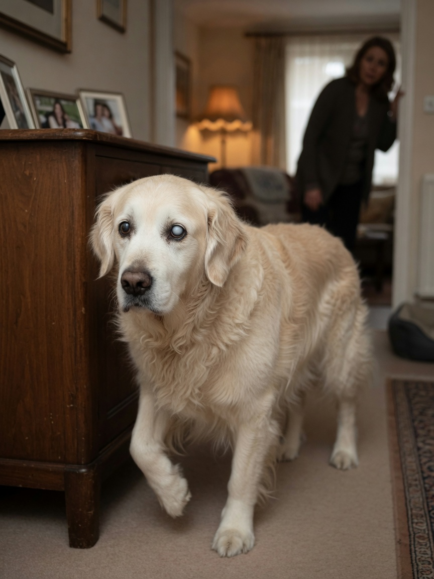 Senior Golden Retriever with visible white cataract in one eye, showing hesitation and visual impairment while navigating a dimly-lit home