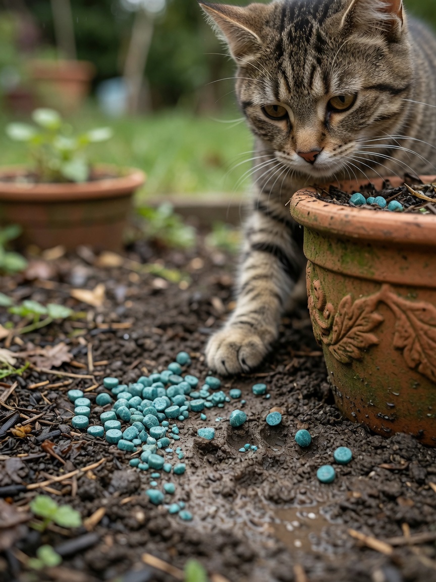Slug pellets on garden soil with a tabby cat's face and paw visible, showing the danger of pet exposure to garden chemicals