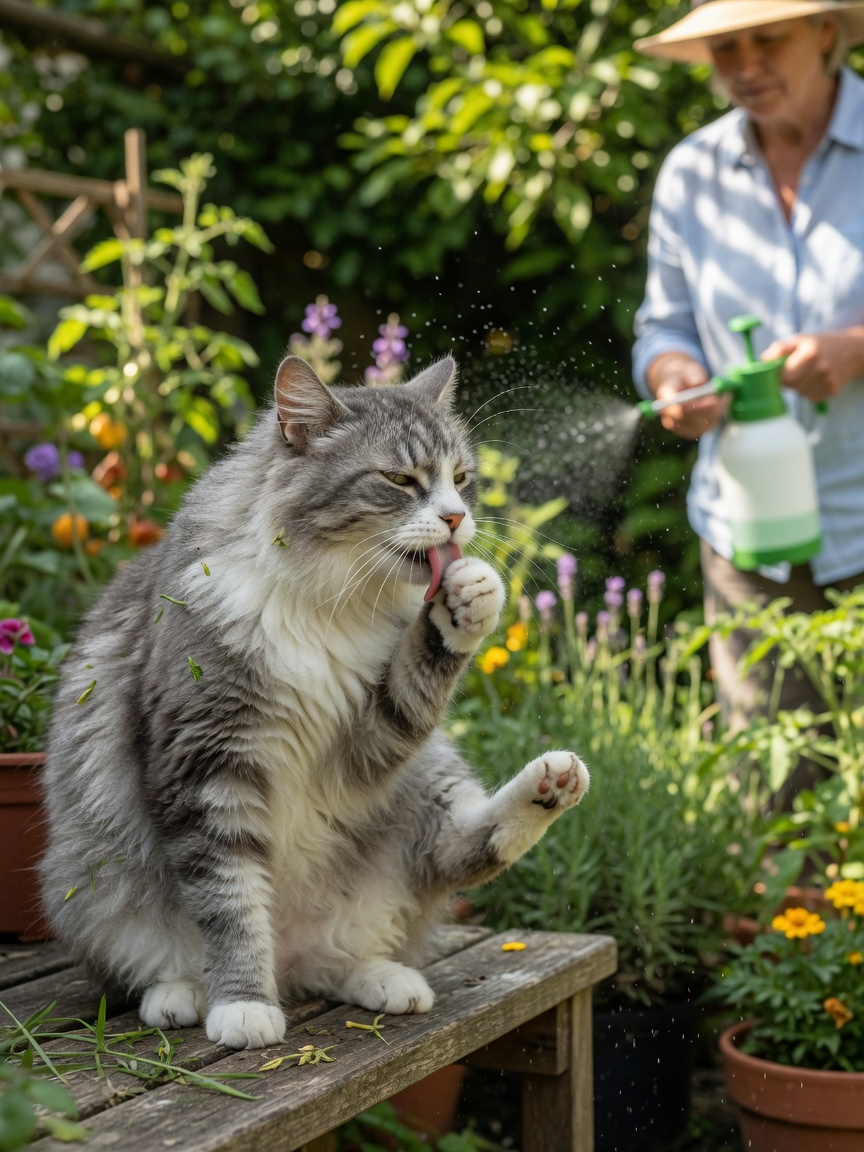 Cat grooming itself after garden pesticide application, illustrating how cats ingest chemicals through self-grooming after exposure