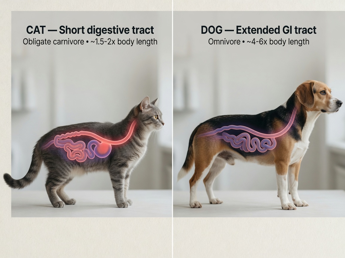 Side-by-side anatomical comparison of cat and dog digestive tract proportions showing shorter feline gut