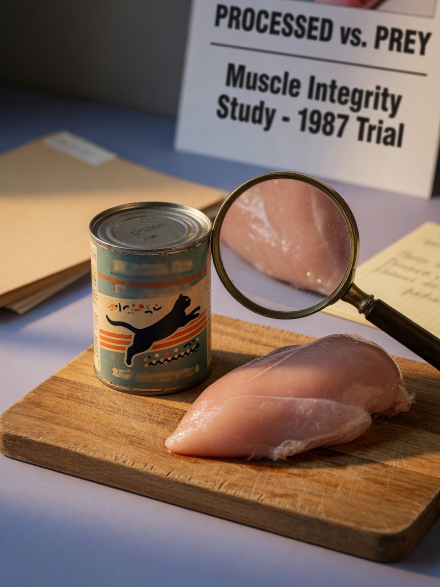 Historical comparison of processed cat food and raw meat nutrition from the 1980s pet food era
