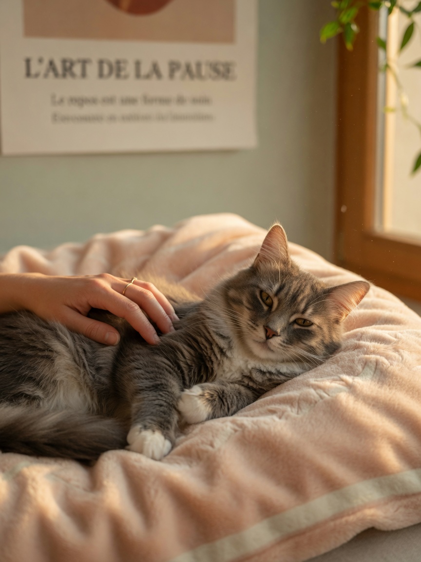 Peaceful resting cat receiving comfort and gentle care on a soft blanket