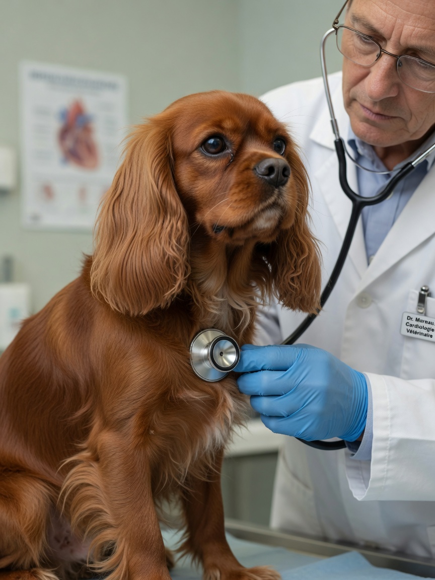 Veterinarian listening to Cavalier's heart with stethoscope during cardiac examination