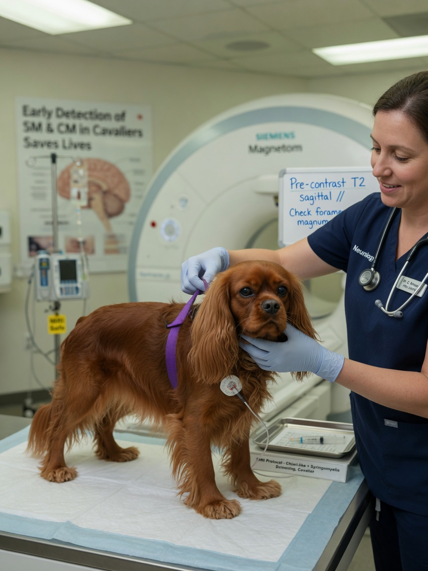 Cavalier King Charles Spaniel with veterinary neurologist before MRI scan for syringomyelia screening