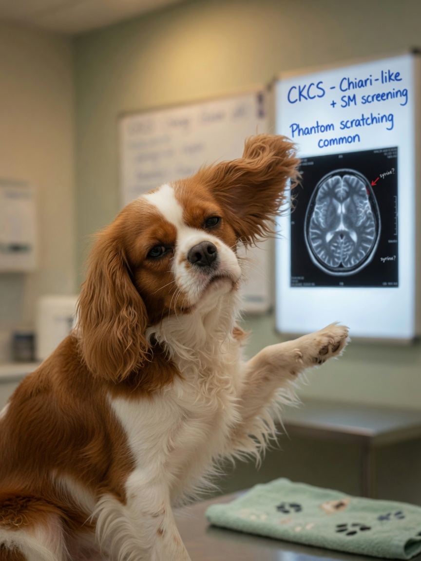 Cavalier King Charles Spaniel exhibiting phantom scratching behavior characteristic of syringomyelia, with MRI scan visible in veterinary clinic background