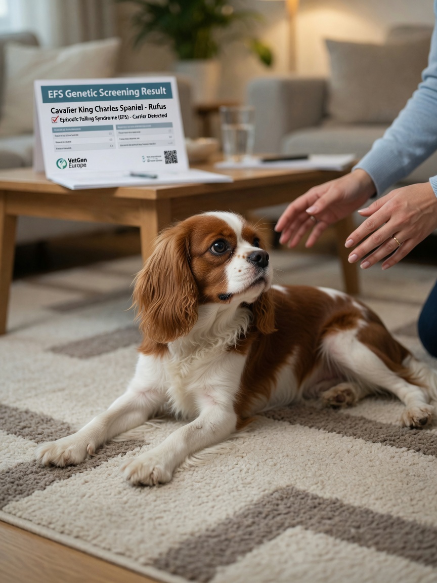 Cavalier King Charles Spaniel experiencing an episodic falling syndrome episode with extended front legs and splayed hind legs, owner nearby