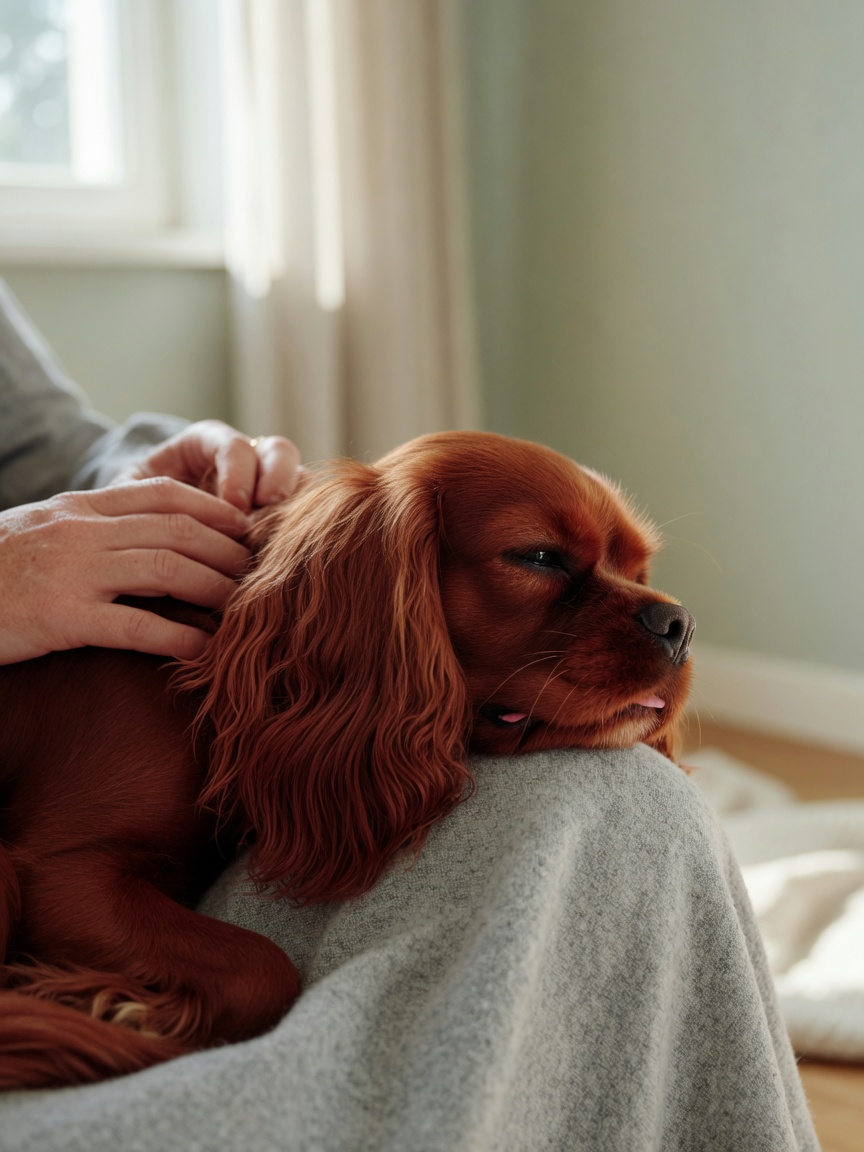Cavalier King Charles Spaniel resting peacefully at home with owner's supportive hand on shoulder