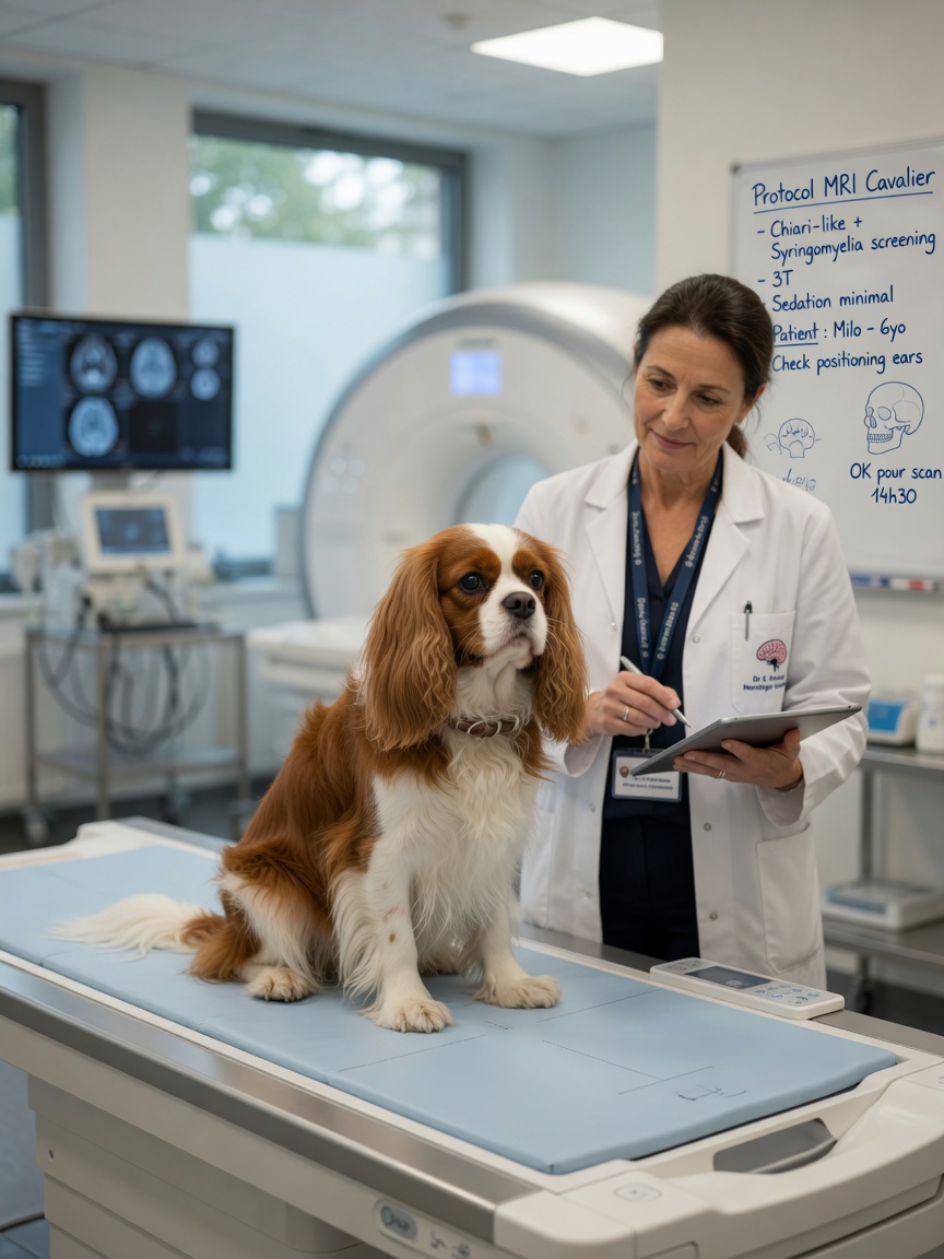Cavalier King Charles Spaniel at veterinary neurology clinic during neurological examination and assessment
