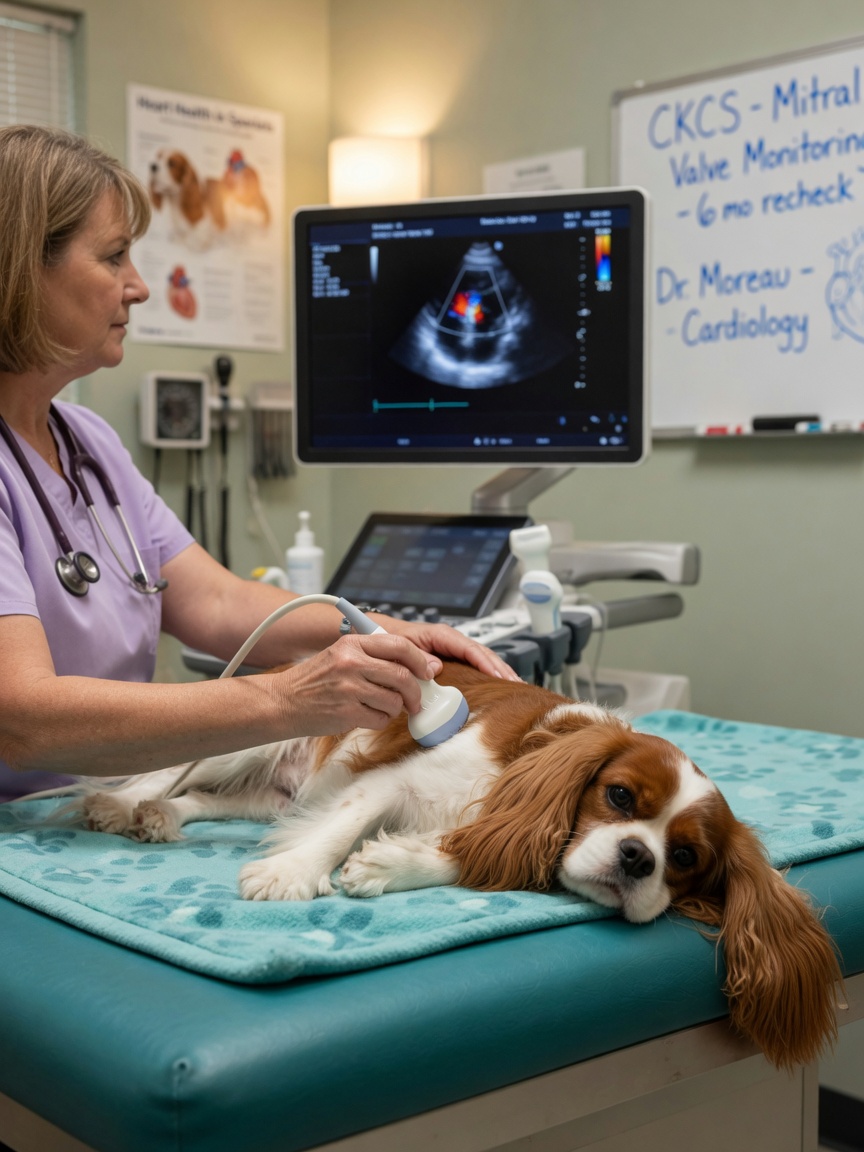 Veterinary cardiologist performing echocardiogram ultrasound on a Cavalier King Charles Spaniel to assess cardiac chamber size and valve function