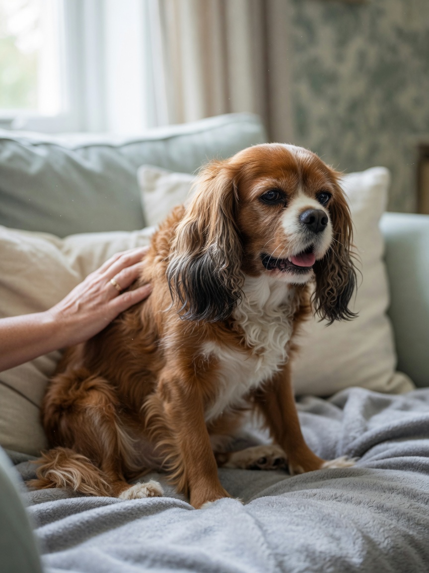 An elderly Cavalier King Charles Spaniel propped upright on cushions showing labored breathing and reduced exercise tolerance due to advancing heart disease