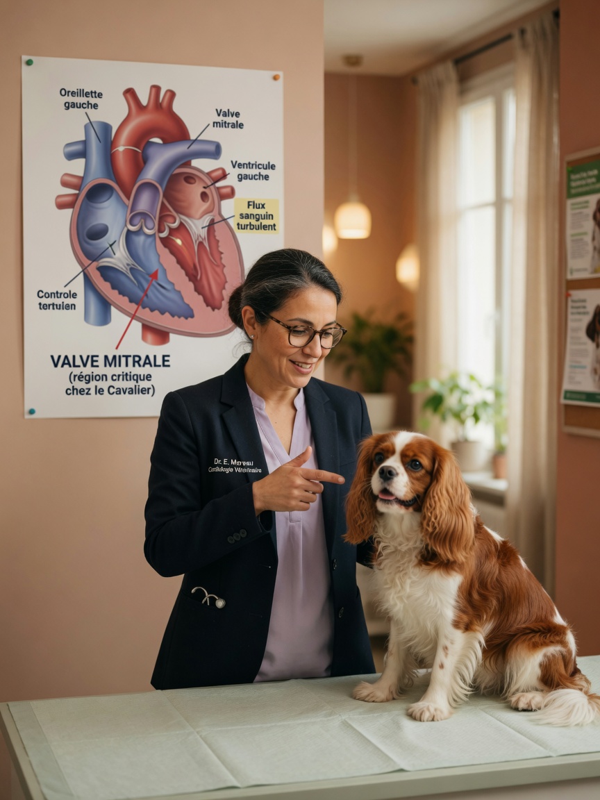 A veterinary cardiologist pointing to a heart anatomy diagram while a healthy Cavalier King Charles Spaniel sits calmly nearby, illustrating medical education about the breed's cardiac predisposition