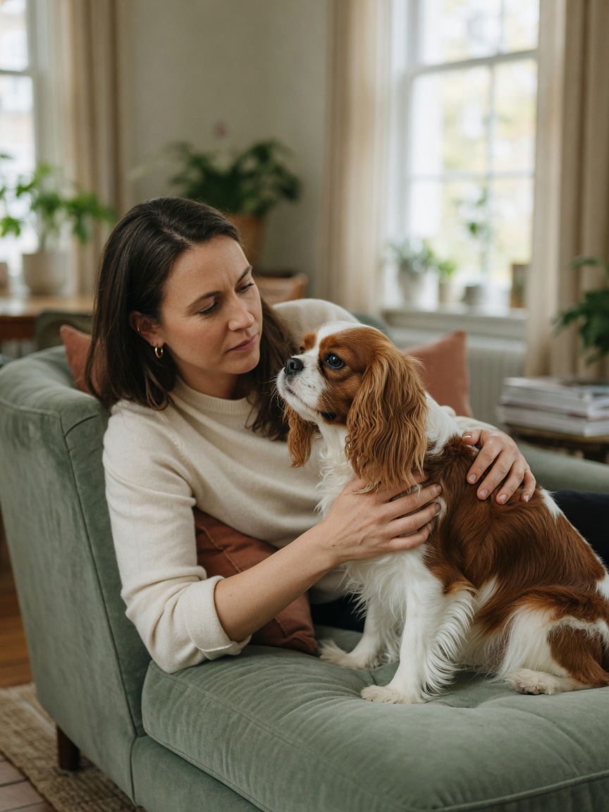 A caring owner observes their healthy Cavalier King Charles Spaniel at home, illustrating the importance of monitoring for early signs and symptoms of heart disease