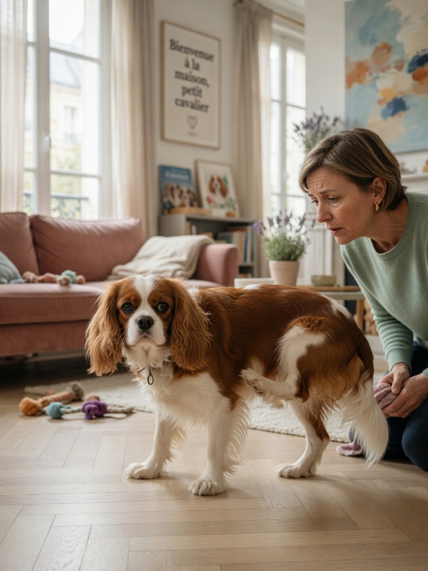 Cavalier King Charles Spaniel demonstrating phantom scratching at the neck while owner watches with concern