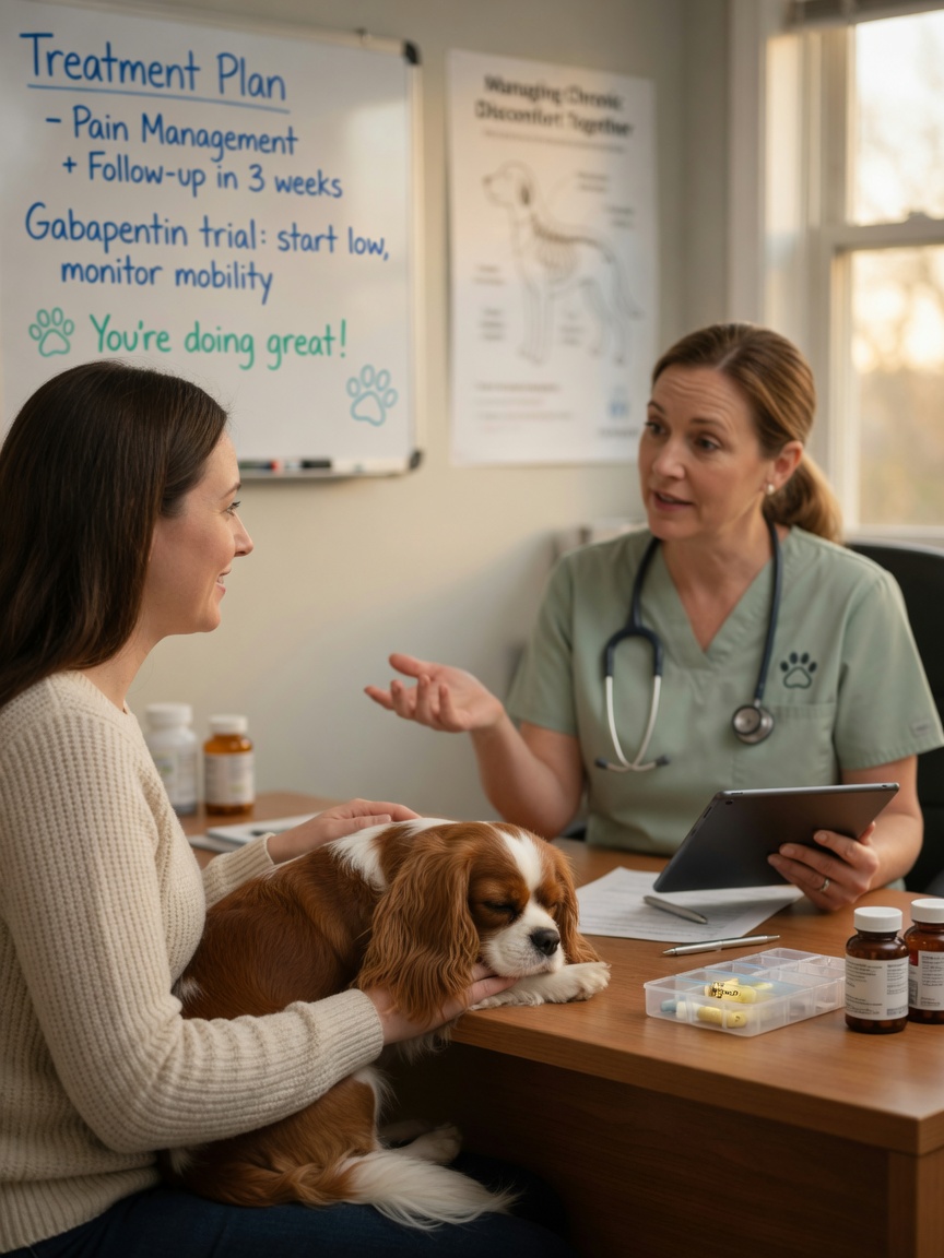 Veterinarian consulting with dog owner about syringomyelia treatment options while Cavalier King Charles Spaniel rests peacefully