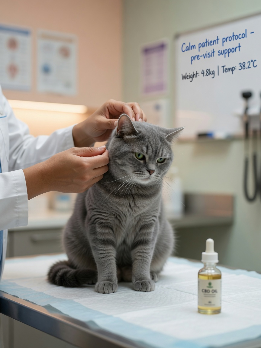 Calm cat at veterinary appointment showing relaxed body language and reduced anxiety