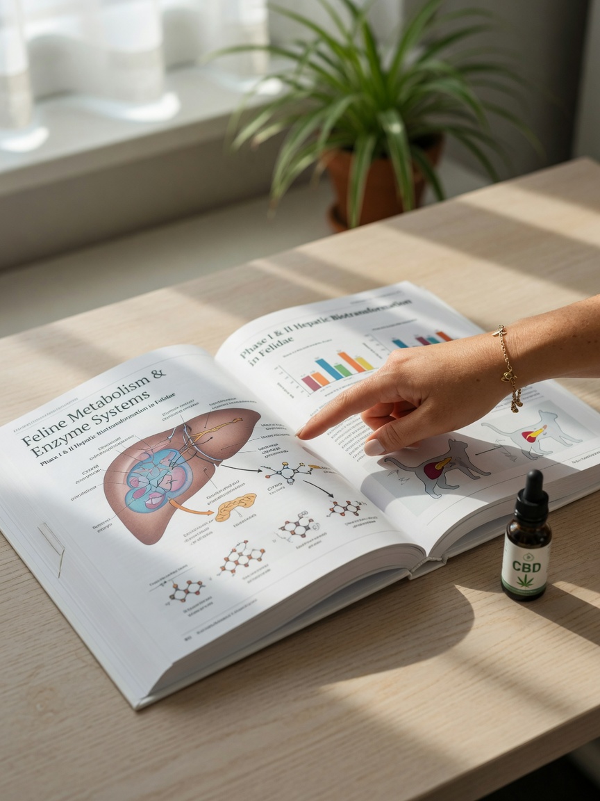 Veterinary reference materials and CBD bottle illustrating feline metabolism complexity