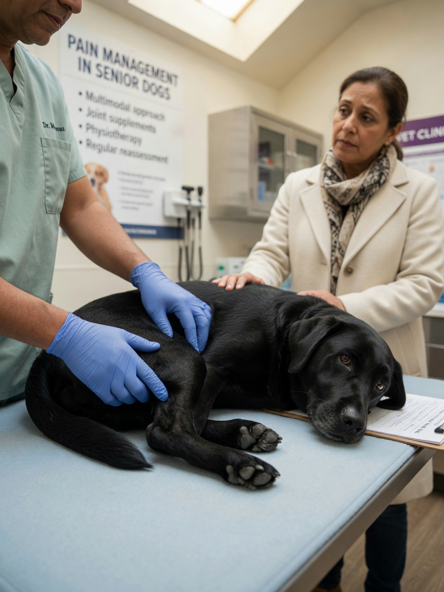 Veterinarian examining a black labrador's leg for pain assessment during a cancer palliative care consultation