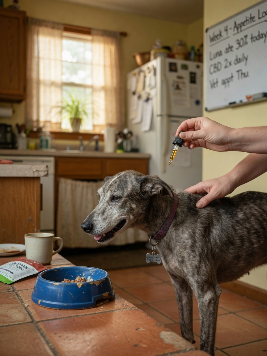 Malnourished dog approaching food bowl with owner's supportive hand and CBD oil dropper, showing appetite stimulation during cancer treatment
