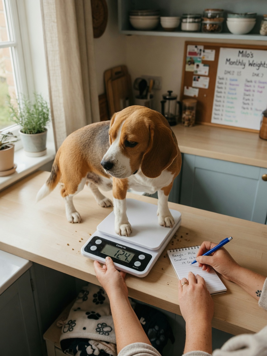 Beagle standing on digital scale while owner records weight for CBD dosage calculation