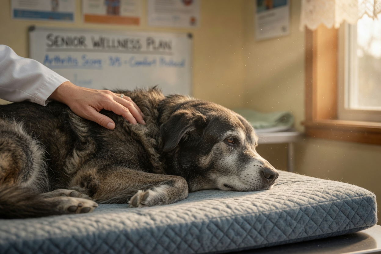 Senior dog resting on orthopedic bed with veterinarian's hand showing gentle care for aging pet considerations