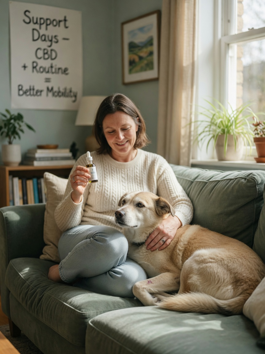 Dog owner at home administering CBD oil to their calm dog, showing practical adjunct therapy application