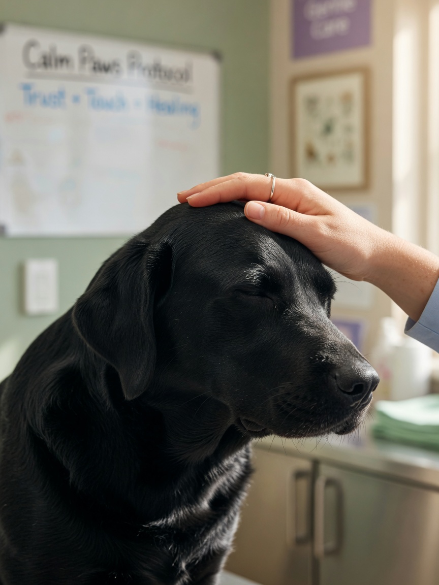 La mano del veterinario accarezza dolcemente la testa di un calmo Labrador nero durante un momento terapeutico